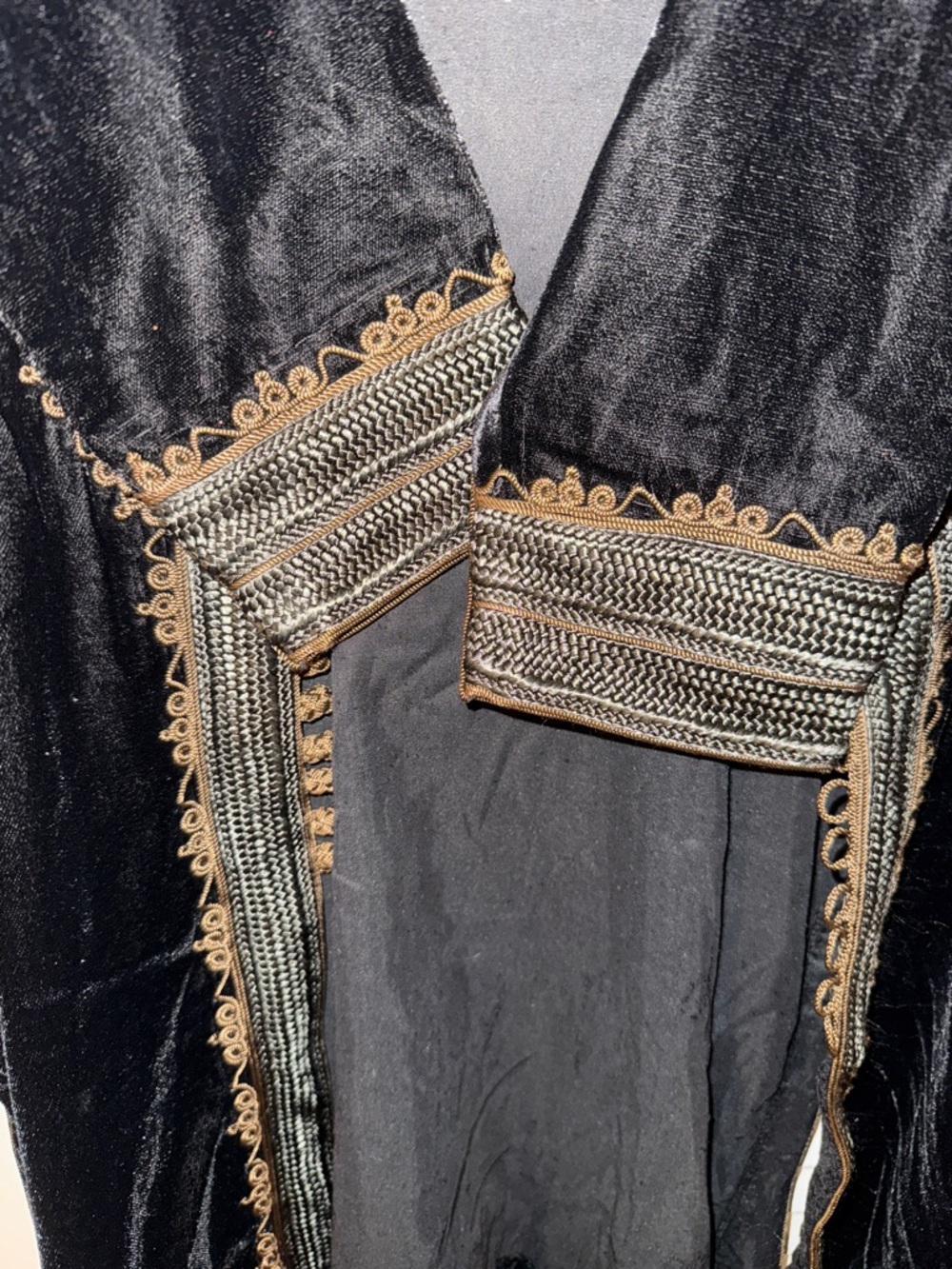 Black Velvet Long Coat with Ornate Gold-Tone Trim - Picture 8 of 16